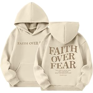KEEVICI Cute Christian Graphic Hoodies For Girls Faith Over Fear Hoodie Kids Jesus Sweatshirt Religious Bible Verse Pullover