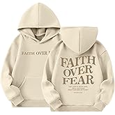 KEEVICI Cute Christian Graphic Hoodies For Girls Faith Over Fear Hoodie Kids Jesus Sweatshirt Religious Bible Verse Pullover