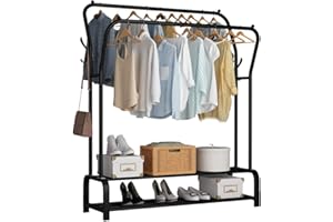 UDEAR Garment Rack Freestanding Hanger Double Rods Multi-functional Bedroom Clothing Rack, Double layer ，4 Hooks，Black