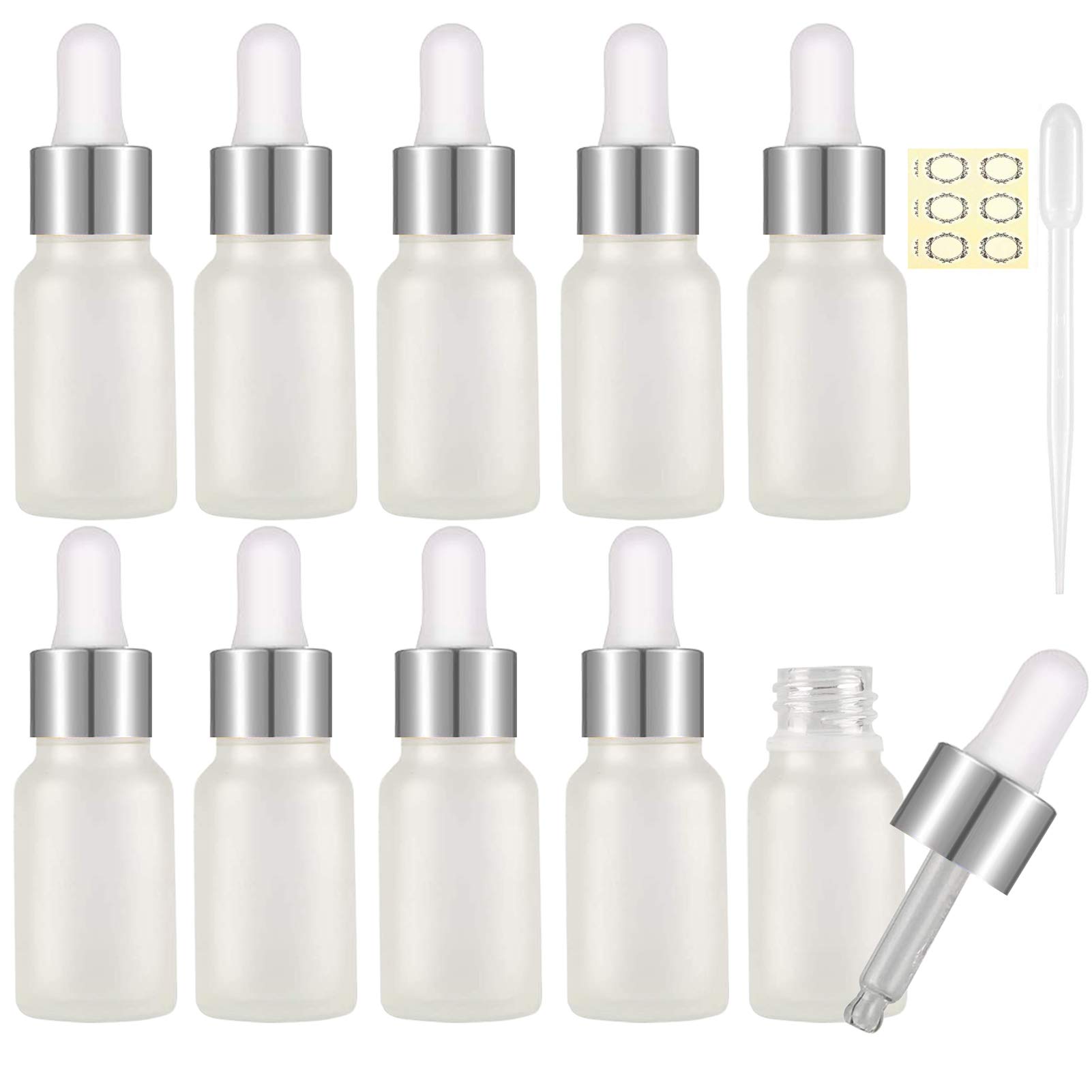 Alledomain 10Pcs, 10Ml Frosted Glass Bottles with Dropper Pipettes, Mini Empty Dropper Bottles Silver Metal Cap Refillable Sample Container for Essential Oil/Aromatherapy Blends/Chemical Liquid