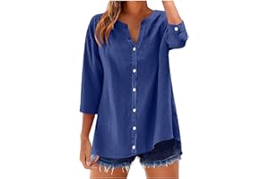 3/4 Sleeve Button Down Shirts for Women V Neck Casual Loose Button Up Blouse Notch Loose Tunic Tops 2026