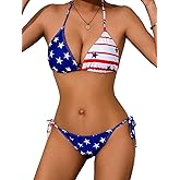 Bavace Womens American Flag Bikini Set Two Piece Triangle Thong Sexy String 4th of July Patriotic Bathing Suit Red White and Blue Swimsuit Swimwear