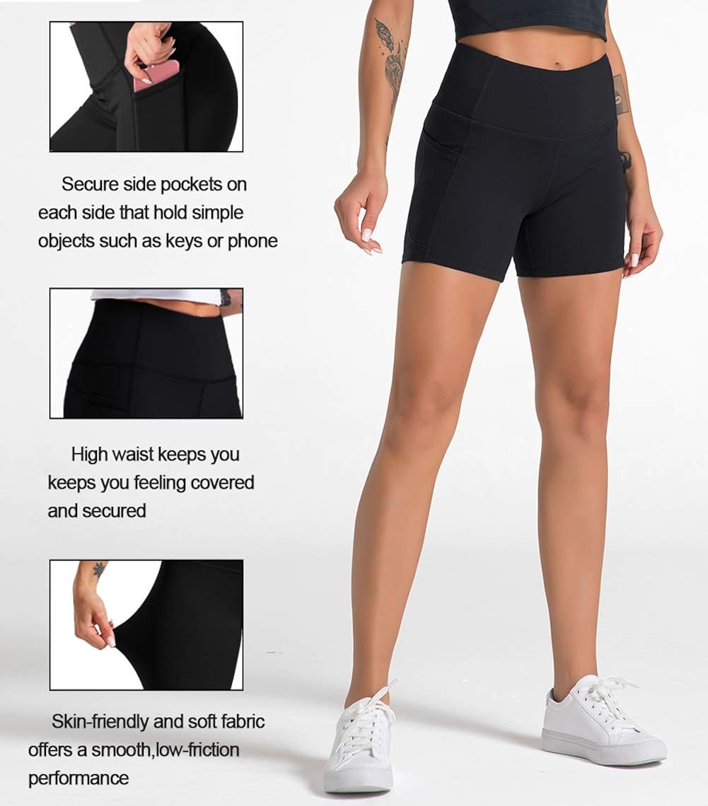 Dragon Fit High Waist Yoga Shorts for Women with 2 Side Pockets Tummy Control Running Home Workout Shorts: Clothing