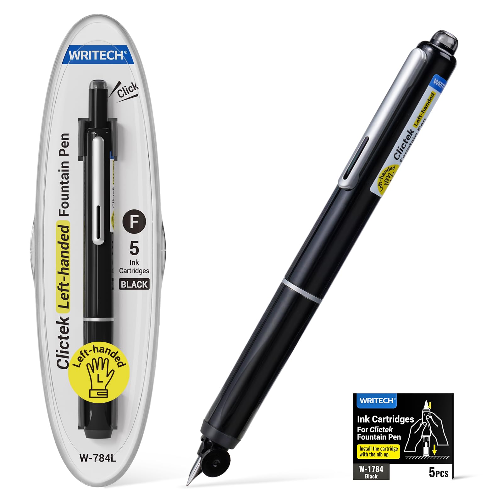 Photo 1 of WRITECH Fountain Pen Left Handed: Retractable Style Black Ink Set Fine Nib, Includes 5 Ink Cartridges for Smooth Writing Calligraphy Journaling
