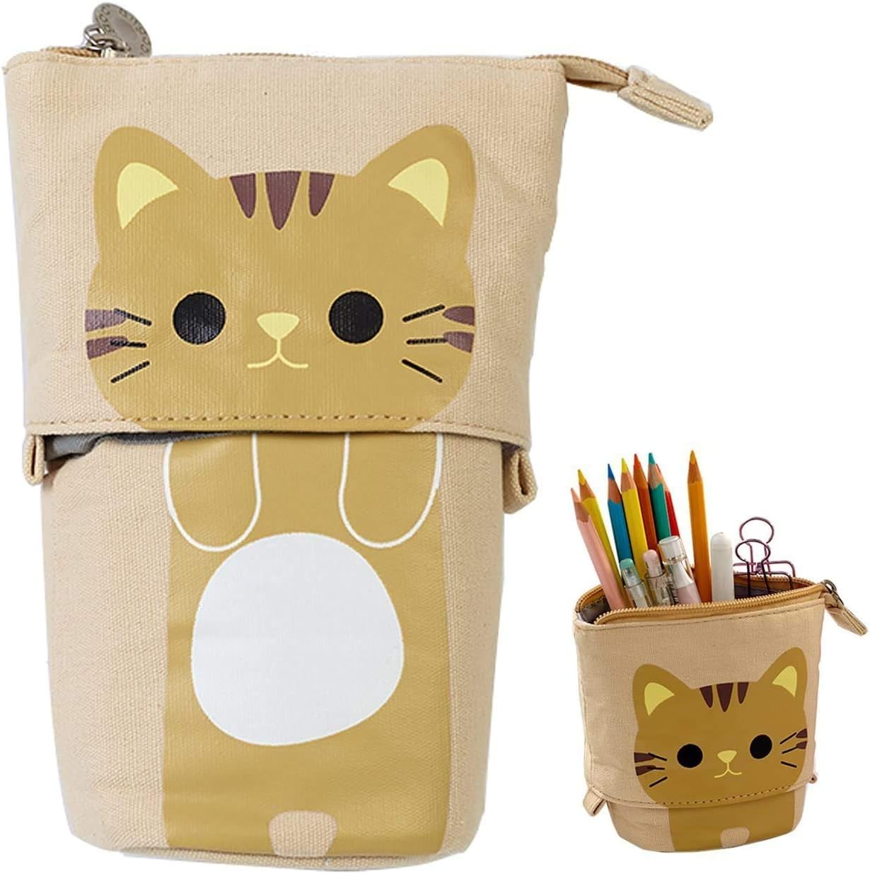 Transformer Stand Store Pencil Holder Canvas Cute Pencil Case Zipper Cat Pencil Box Boys&Girls School Supplies Pen Bags Gifts (Brown)