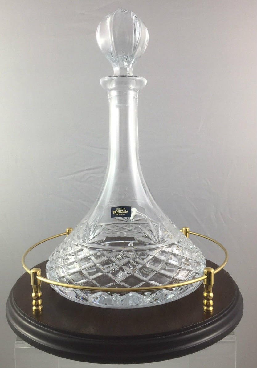 Bohemia Crystalite Cut Ships Decanter on Wooden Tray with Gallery Rail