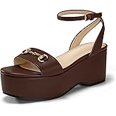 Junayuan Womens Platform Sandals Chunky Wedges Heels Open Toe Ankle Strap Summer Dress Shoes with Metal Buckle
