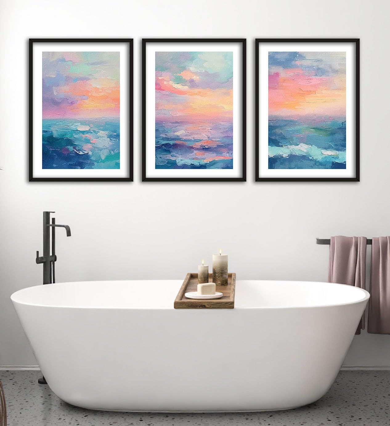 Eviepops Prints Ocean Sunset Set of 3 Unframed Wall Poster Prints, Abstract Painting Textures, Bathroom Bedroom Lounge Kitchen Home Décor, Ocean Landscape, Vibrant Abstract Art, Blue Orange Pink (A3) — image 1