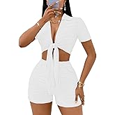 MSLG Women's Sexy 2 Piece Set Solid Summer Bodycon Suit Casual Tie Front Short Sleeve V Neck Crop Top Shorts Outfits Sets S42