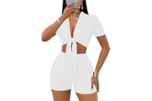 MSLG Women's Sexy 2 Piece Set Solid Summer Bodycon Suit Casual Tie Front Short Sleeve V Neck Crop Top Shorts Outfits Sets S42