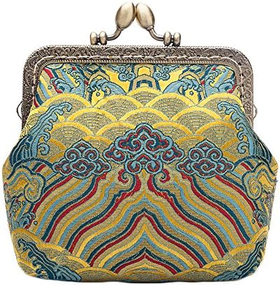 CHICOMP Vintage Chinese Embroidery Totem Buckle Coin Purse Silk Brocade Clutch Pouch Small Wallet Mini Purse for Women Birthday Gift(Sea Wave)