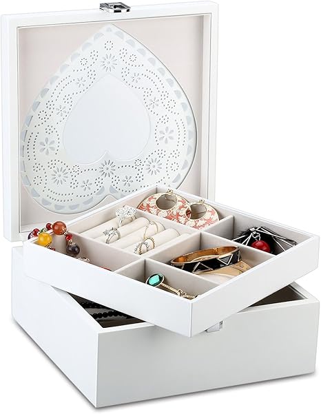 Amazon Ovonni ジュエリーボックス 木製 アクセサリー 収納ケース 仕切り 小物入れ 2段引き出し ベロアトレイ 鍵付き ホワイト かわいい 心型 お誕生日 ギフト ジュエリー収納 オンライン通販