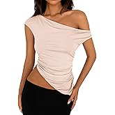 PRETTYGARDEN Womens Off The Shoulder Y2K Tops 2026 Summer Sleeveless Asymmetrical Ruched Going Out Tank Top Fashion Clothing