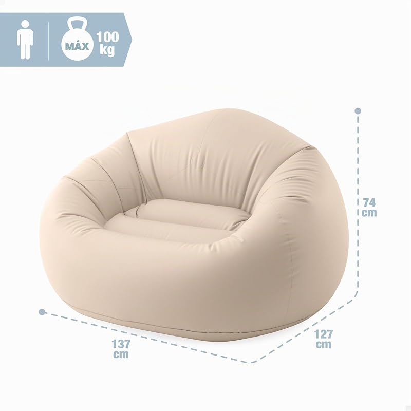 Poltrona insuflável sem feijão, bege, 137x127x74 cm, PVC resistente, máximo 100 kg, lugar único, bufo redondo, mobiliário insuflável, fácil de inflar, armazenamento simples (66505)