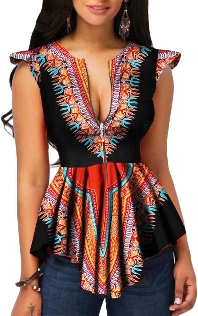 Elogoog Womens Summer Blouse Ethnic Tribal African Printed Sleeveless Zipper Front Tunic T-Shirt Tops