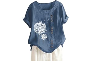 ROKIACDE Linen Shirt Women,Short Sleeve 2024 Summer Blouses Round Neck Boho Blouse Button Down T Shirt Floral Print Top