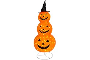 FUNPENY Halloween Collapsible Pumpkin Decorations, Pre-Lit Light Up Pumpkin with Hat, Pop Up Jack-o-Lantern with Metal Stand for Indoor Outdoor Yard Holiday Decor (5FT Pumpkin)