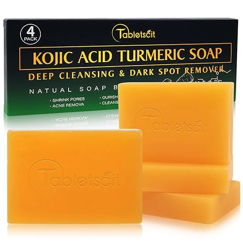 Tabletscit Kojic Acid Turmeric Soap, Deep Cleansing and Dark Spot Remover, Natural Gentle Skin Lightening Soap Bars with Vitamin C, Turmeric, Hyaluronic Acid, Vitamin E, For All SkinTypes (4Pack)