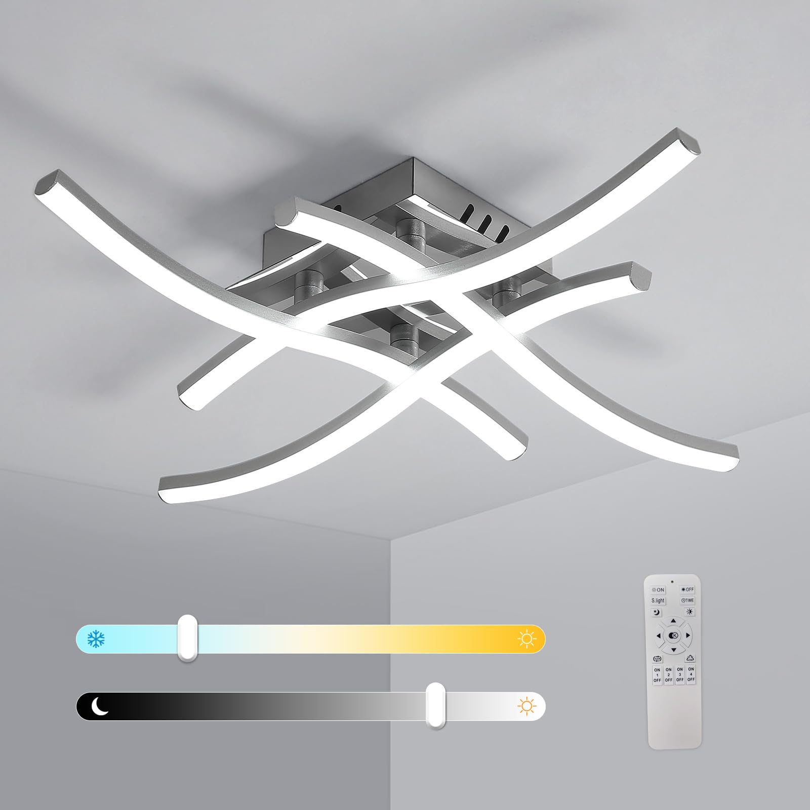Pheashine LED Ceiling Light Dimmable 28W LED Bedroom Ceiling Lamp with Remote Control, 3000K - 6500K Modern Curved Ceiling Lighting Fixture for Living Room, Hallway, Study, Office