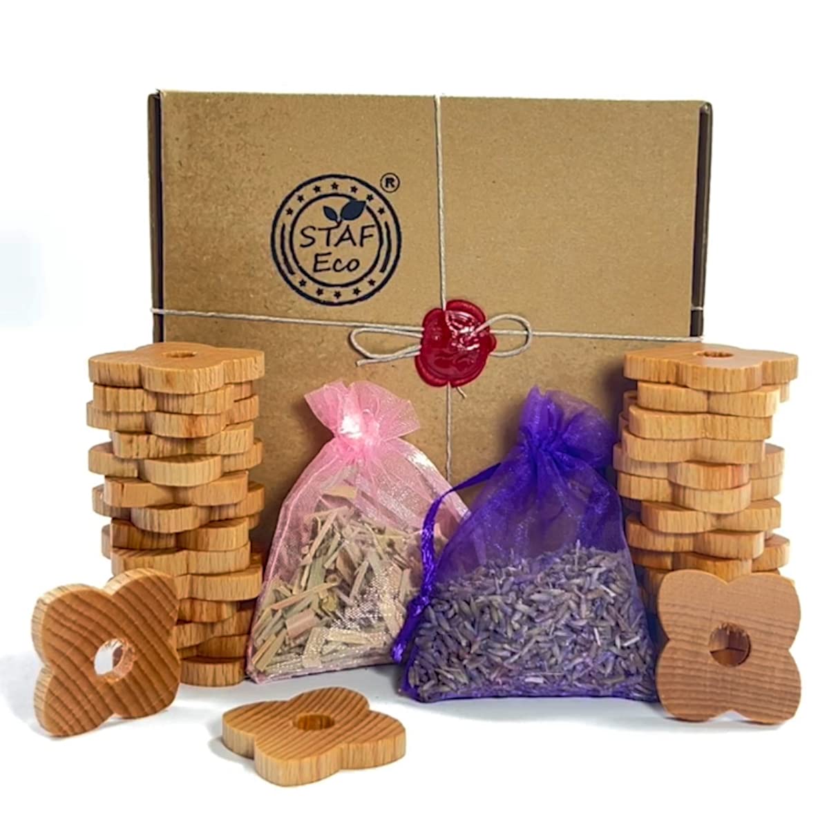 STAFECO Natural Moth Repellent for Wardrobes Drawers Killer Wood Rings with Oil (Lavender Cedarwood Patchouli) 38 pcs Anti Moth Products Wardrobe for Clothes (Large Flower 1)