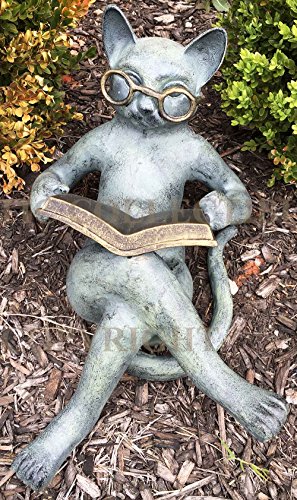 Outdoor Garden Patio Bookworm Feline Cat With Glasses Reading Book Tanning Under The Sun Statue Lawn Ornament Decor