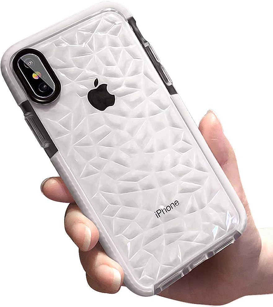 COOLQO Compatible for iPhone Xs/X Case 5.8", Women Girls Men Crystal Clear Slim 3D Diamond Pattern Soft TPU Dual Layer Air Cushion Shockproof Drop Protection Anti-Scratch Phone Protective Cover White