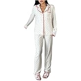 Milumia Women's 2 Piece Pajama Set Heart Print Long Sleeve Button Up Shirt Pants Sets Sleepwear