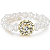 Bellitia Jewelry Sterling Silver Handpicked Baroque Pearls Finger Rings for Women, Freshwater White Pearl & CZ Ring Beads Elastic Rings