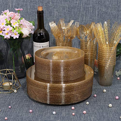 WELLIFE 300PCS Gold Glitter Plastic Plates, Disposable Gold Glitter