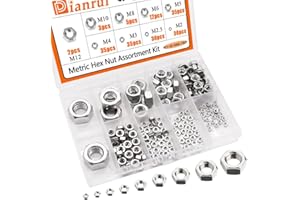 Dianrui 187PCS Metric Hex Nuts Assortment Kit, 9 Size 304 Stainless Steel Hex Nut M2 M2.5 M3 M4 M5 M6 M10 M12 Hexnut Set Hardware Nuts