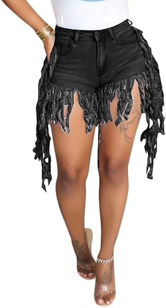 Akmipoem Women S Juniors Denim Jeans Shorts High Waist Frayed Raw Hem Tassels Short Jean Pants At Amazon Women S Clothing Store