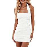 Lunait Women’s Bodycon Mini Dress Ruched Sexy Halter Backless Party Club Night Out Cocktail Dresses