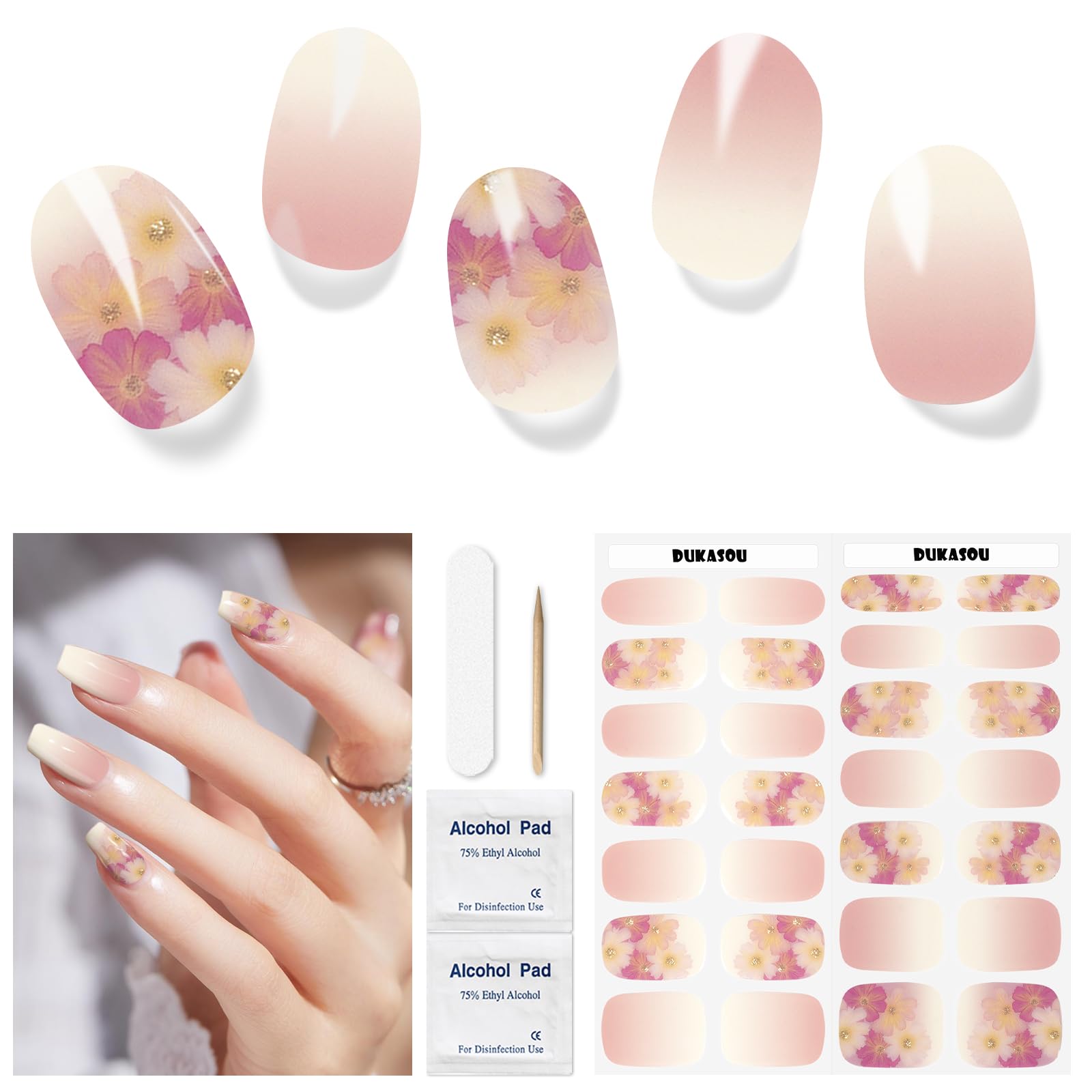 Semi Cured Gel Nail Strips, 28 pcs Gel Nail Strips Work with Any UV Lamp, Long Lasting UV Polish Stickers Wraps, Salon Quality, Easy to Apply