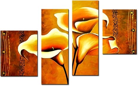 Amazon Com Noah Art Modern Painting Of Flowers Yellow Lilies Flowers Pictures 100 Hand Painted Flower Oil Paintings On Canvas Wall Art 4 Panel Gallery Wrapped Framed Floral Artwork For Bedroom Wall Decor Kitchen