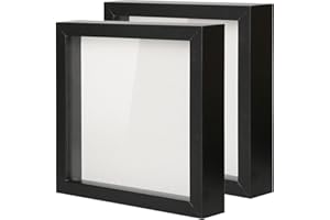 Muzilife Shadow Box Picture Frame with Linen Board Deep Wood Glass Display Case Ready to Hang Memory Box Baby Sports Memorabilia, Pins, Awards, Medals, Wedding, Tickets and Photos (Black, 2pcs 8X8)