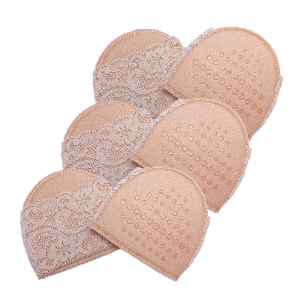 3 Pairs Invisible Lace Forefoot Pad, Women Anti-Slip Breathable Sweat-Absorbent Peep Toe Half Sock Cushion, Soft Sponge Massage Liner Relief Foot Pain High Heel Shoe No Show Heelless Toe Sock (Skin)