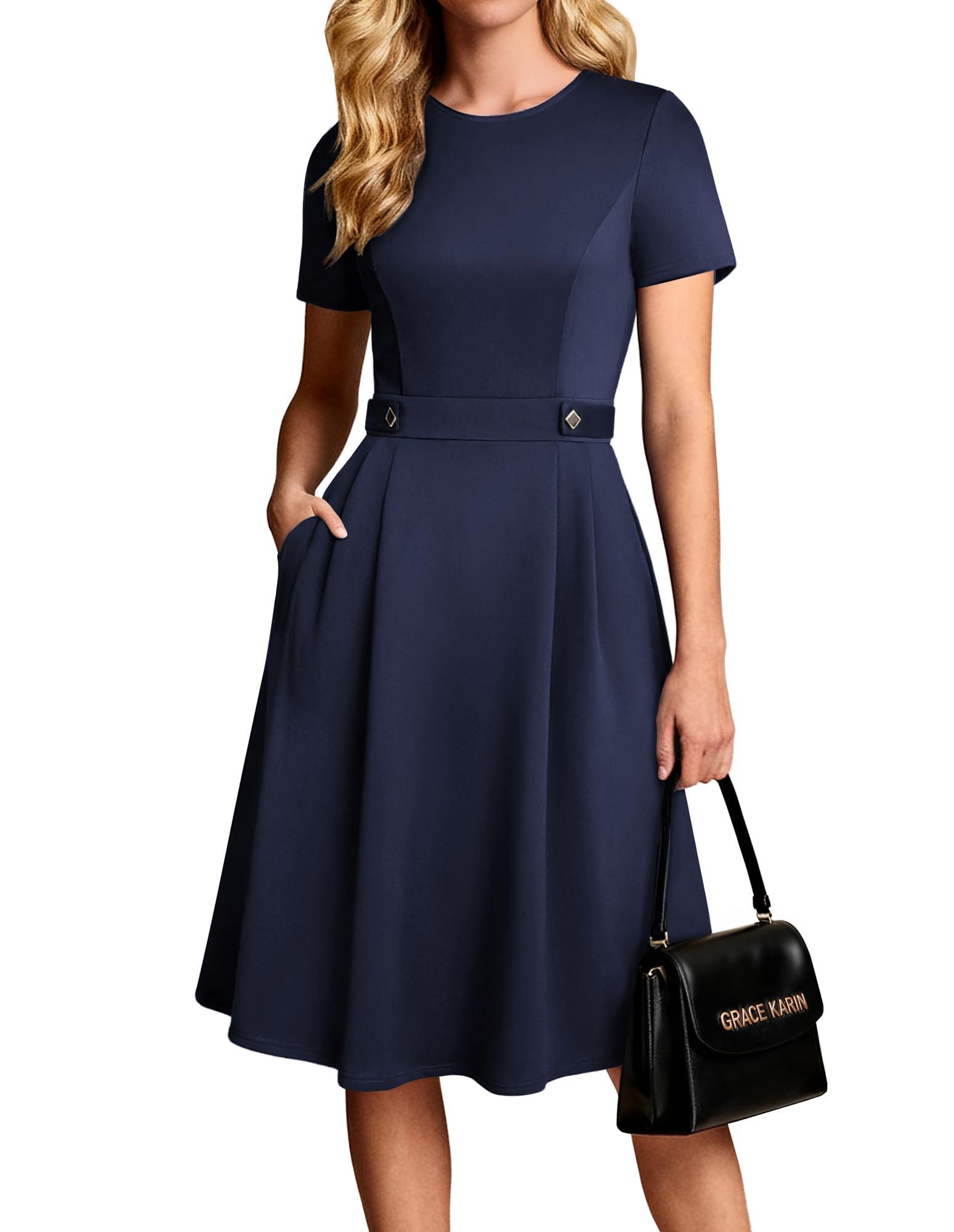 Photo 1 of GRACE KARIN Summer Church Dresses for Women 2026 Short Sleeve A Line Work Dresses Fit and Flare Midi Dress with Pockets Navy Blue L