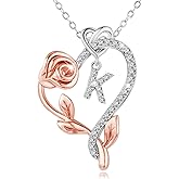 SNZM 925 Sterling Silver Rose Heart Initial Necklace - Dainty Jewelry with 5A Cubic Zirconia, Perfect for Valentine's Day, Mother's Day, and Birthday Gifts for Daughter, Wife, and Mom