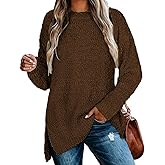 Qearal Women's Long Sleeve Fuzzy Knitted Sweater Popcorn Side Split Loose Pullover Tops