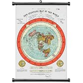 Nustila Flat Earth Map - Gleason's New Standard Map of The World - Large Canvas Print Scroll Poster with Teak Wood Frame Ready to Hang (with Black Plastic Scroll, 16"x24")