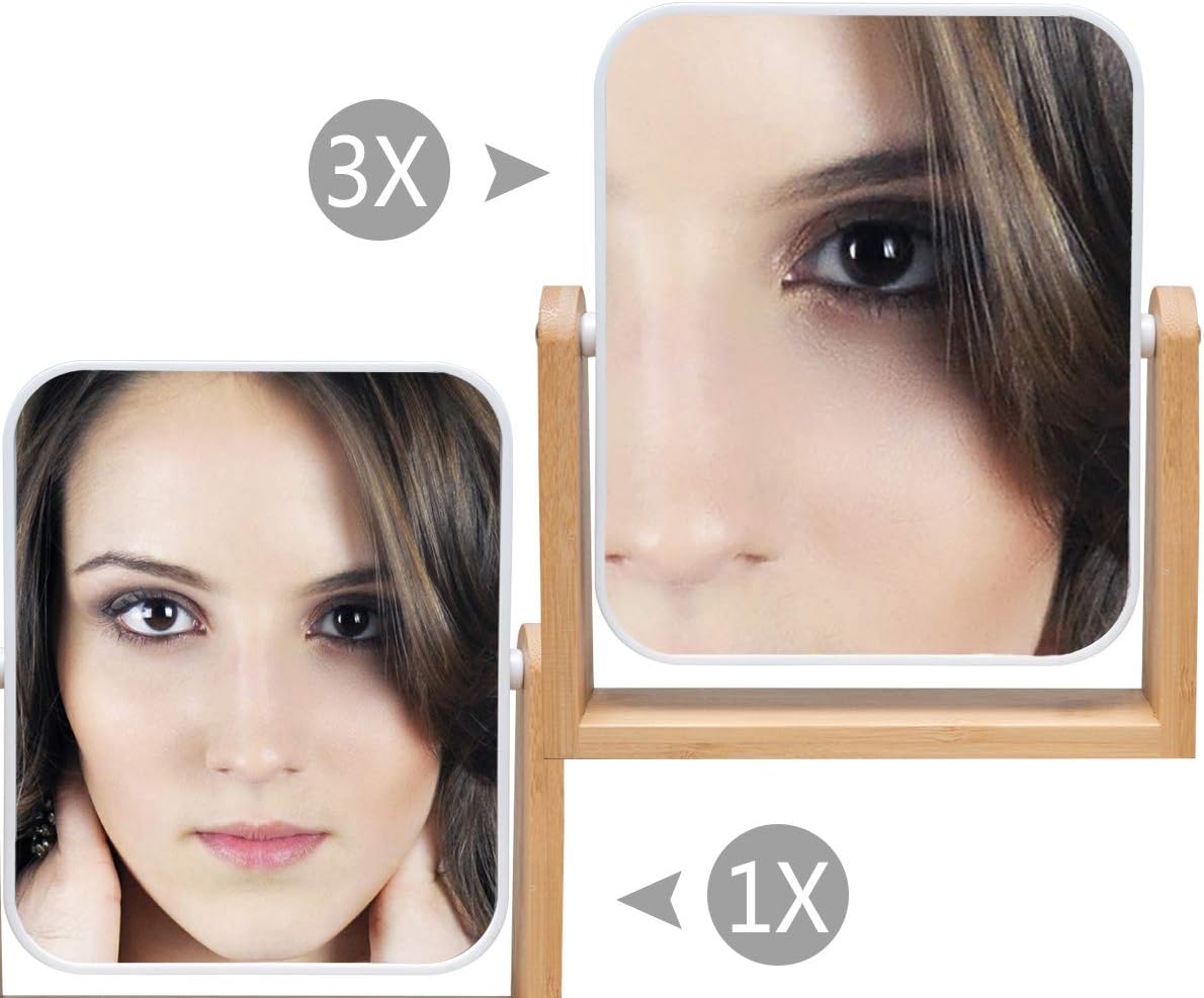 YEAKE Vanity Makeup Mirror with Natural Bamboo Stand, 8 Inch 1X/3X Magnification Double Sided 360 Degree Swivel Magnifying Mirror, Portable Table Desk Countertop Mirror Bathroom Shaving Make Up Mirror -