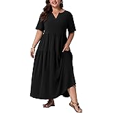 OLRIK Plus Size Maxi Dresses for Curvy Women - Flowy Boho Summer Dress with Pockets, V-Neck Short Sleeve for Beach Vacation