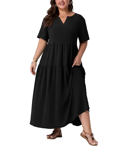 best plus size linen dresses IN'VOLAND Women's Black Short Sleeve Dress Crew Neck Cotton with Pockets at Amazon Women's Clothing store line dresses Beth'23 Oversized linen Dress with