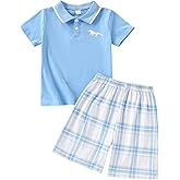 Afsmlys Kids Tween Boy Clothes Casual Short Sleeve Polo Shirt + Plaid Print 2Pcs Shorts Summer Clothing Set