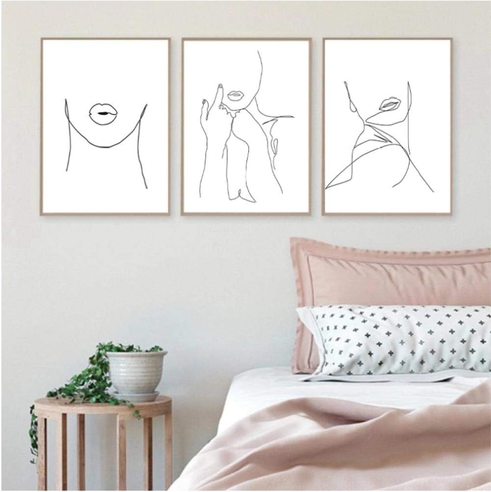 Abstract Woman Face Line Drawing Art Print Minimalist Wall Art Poster Female Lip Hands Continuous Line Art Canvas Painting Decor 40x60cmx3 Unframed Amazon Co Uk Kitchen Home