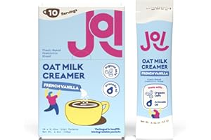 JOI Oat Milk Coffee Creamer, French Vanilla - 10 Biodegradable Single Serves. Functional, Prebiotic Superfood, Vegan, Dairy Free, Non-Dairy, Plant Based, Kosher, Non-GMO, Shelf-Stable, Barista, Fortified with Calcium. Use in Coffee or Protein Shakes. Single Serve, Travel Packs. Low Sugar. Contains Organic, Glyphosate-free Oats and Avocado oil. Zero Gums, Perservatives, or Seed Oils.