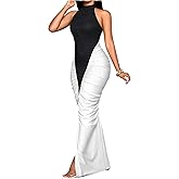 GORGLITTER Women's Color Block Dress Ruched Split Halter Backless Bodycon Maxi Evening Dresses Black Large