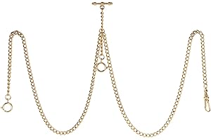TREEWETO Pocket Watch Double Albert Chain T-Bar Watch Chain Link 16 inch 3 Hooks Bronze/Silver/Gold/Black Classic Antique Fob T Bar