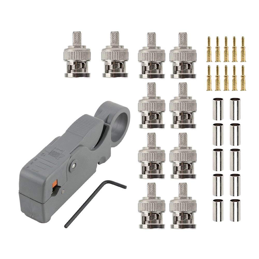 OxoxO Rotary Coaxial Cable Stripper Cutter Tool Compatible with RG6 RG58 RG59 RG62 with 10pcs Male BNC Plug Crimp Connector Kits Compatible with RG58 RG400 LMR195 Coax Male