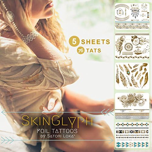 Flash Silver and Gold Metallic Removable Foil Temporary Tattoos by SkinGlyph (76 Tats)
